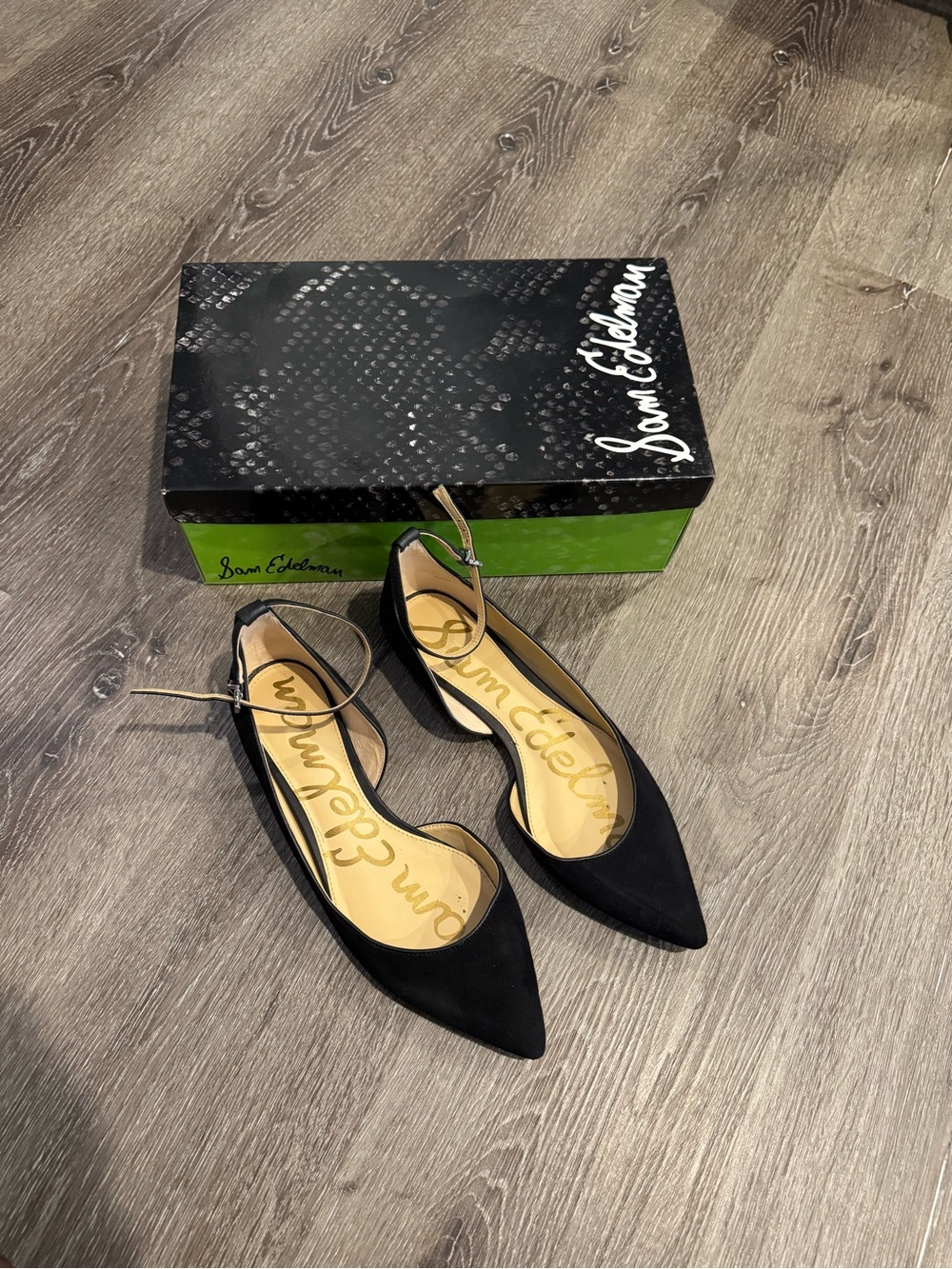 Sam Edelman Black Pointed Ankle-Strap Flats 9.5